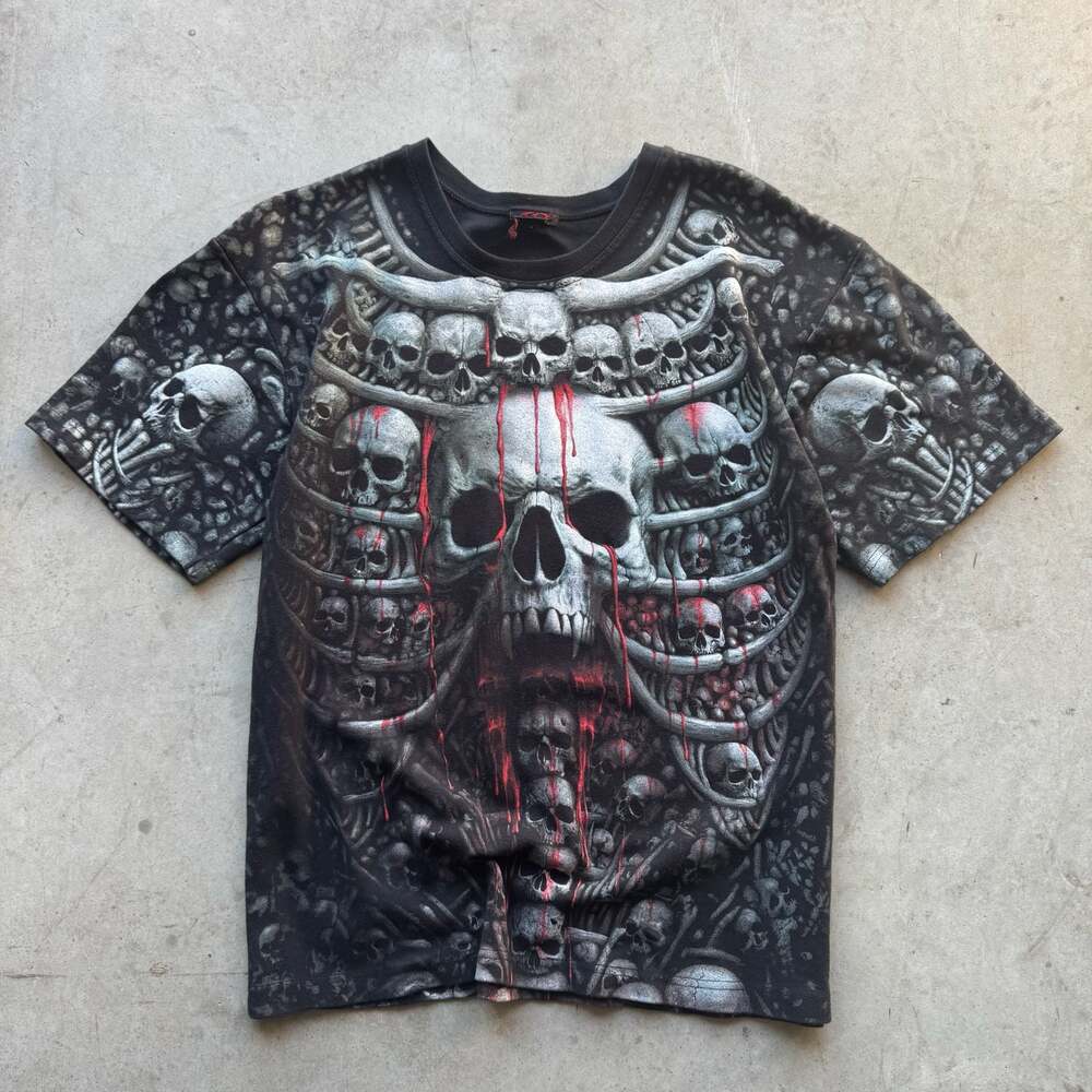 Vintage Y2K Skull Blood All-Over Print Skull Graphic T-Shirt